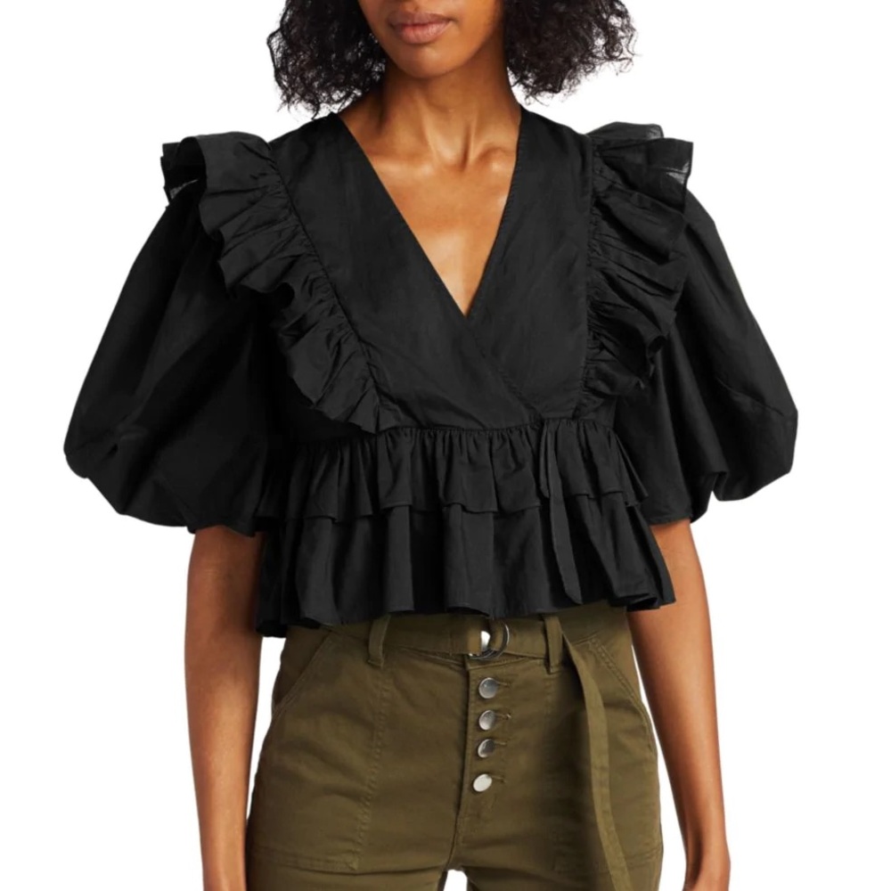RHODE Eloise Blouse Black Cotton Puff Sleeve Ruffled Top EUC size M